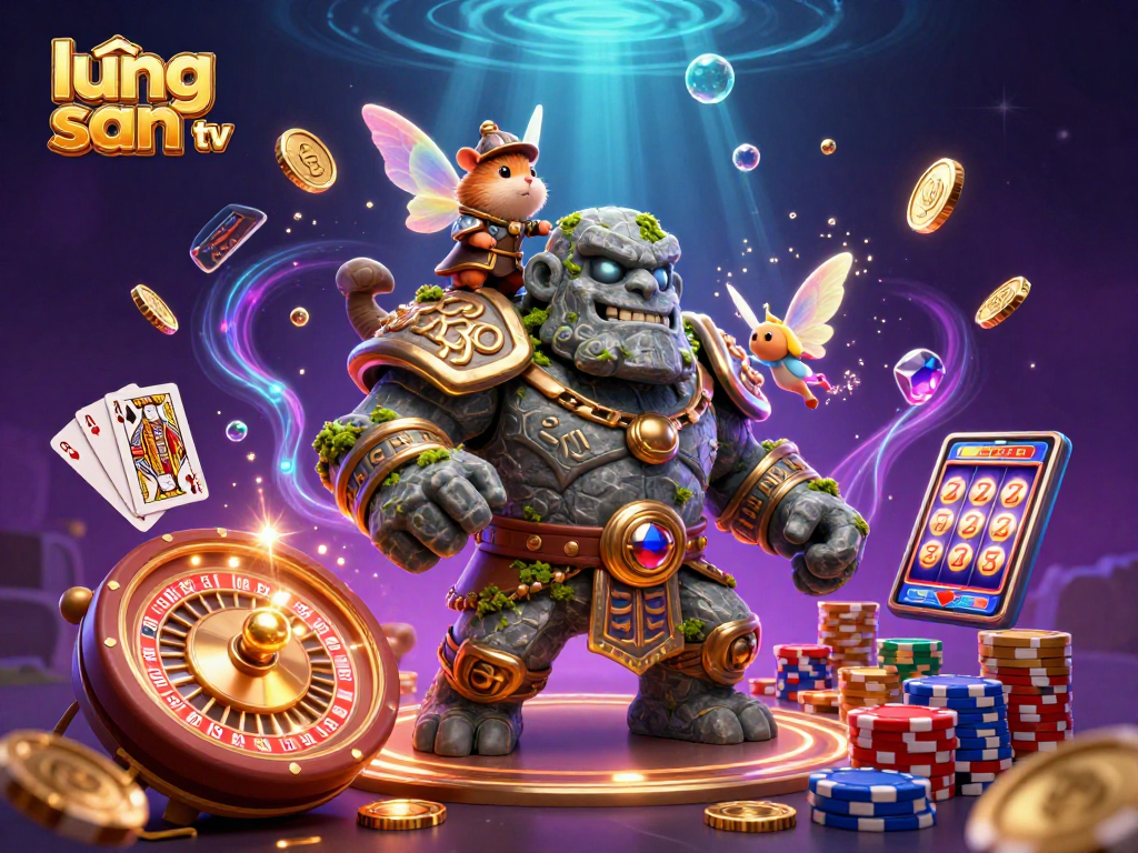 Experience thrilling gaming with lương sơn tv featuring a magical golem, fairy, and knight in an extravagant casino.