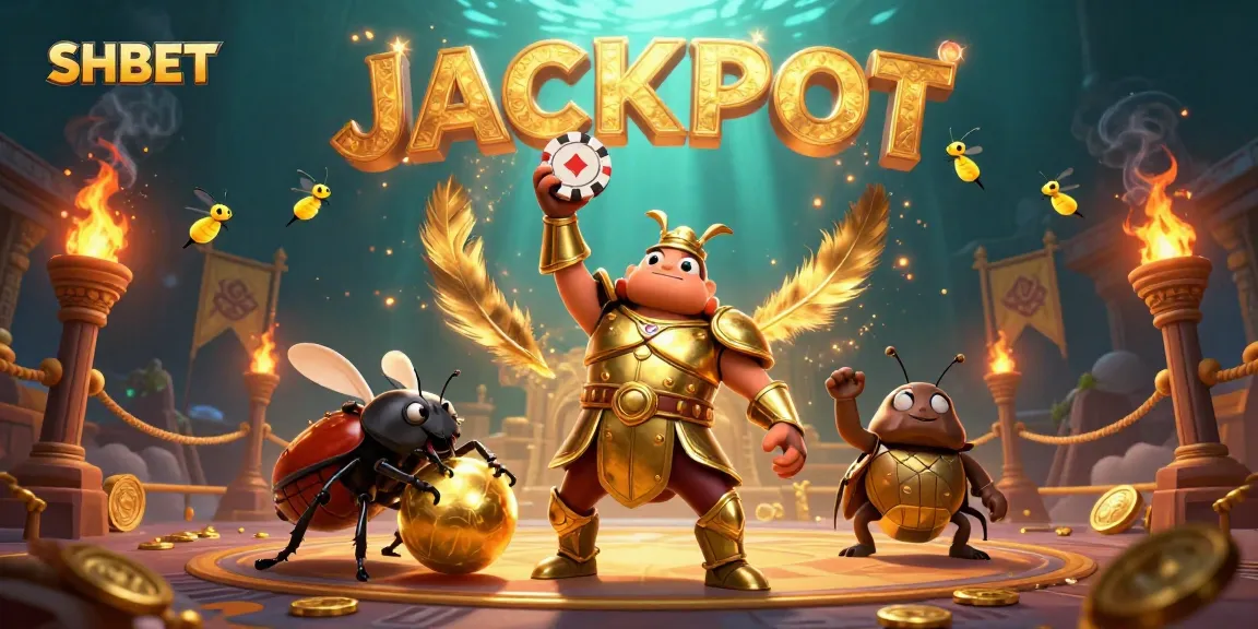 SHBET showcases a victorious hercules beetle in a vibrant gaming atmosphere, symbolizing gambling triumph.