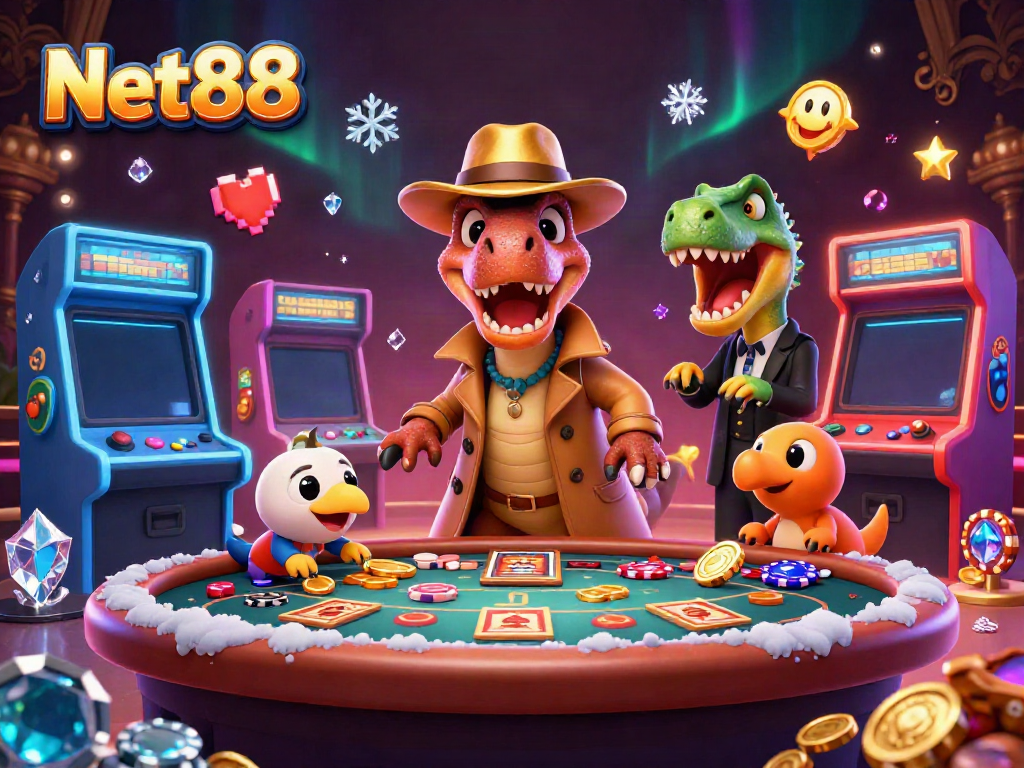 Experience thrilling blackjack moments with Net88’s cartoon velociraptor in a vibrant casino scene.