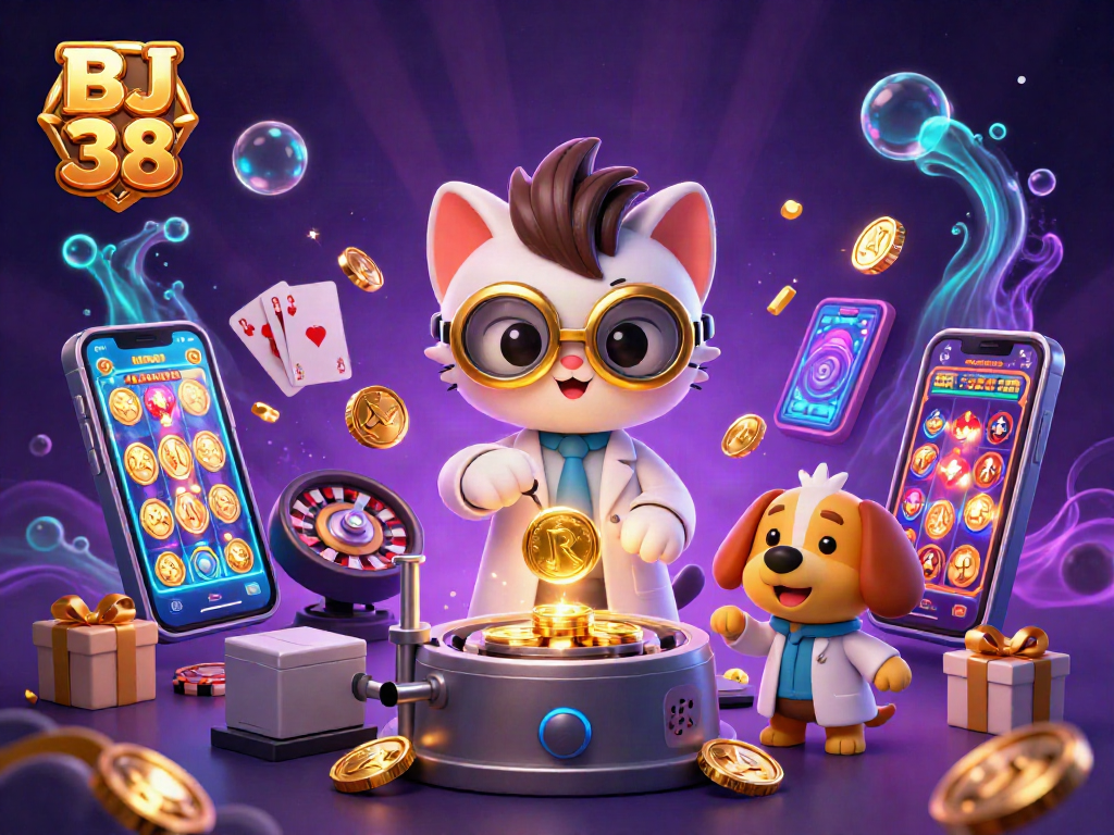 Experience thrilling gambling with BJ 38's vibrant 3D illustration featuring dynamic casino elements.