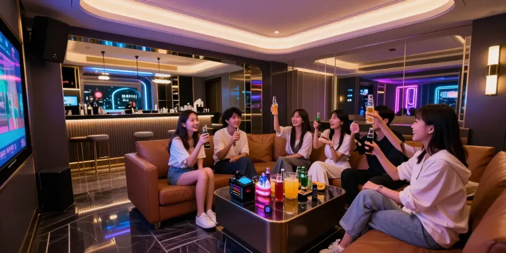 강남달토의 고급스러운 가라오케 룸에서 친구들이 즐거운 시간을 보내는 모습