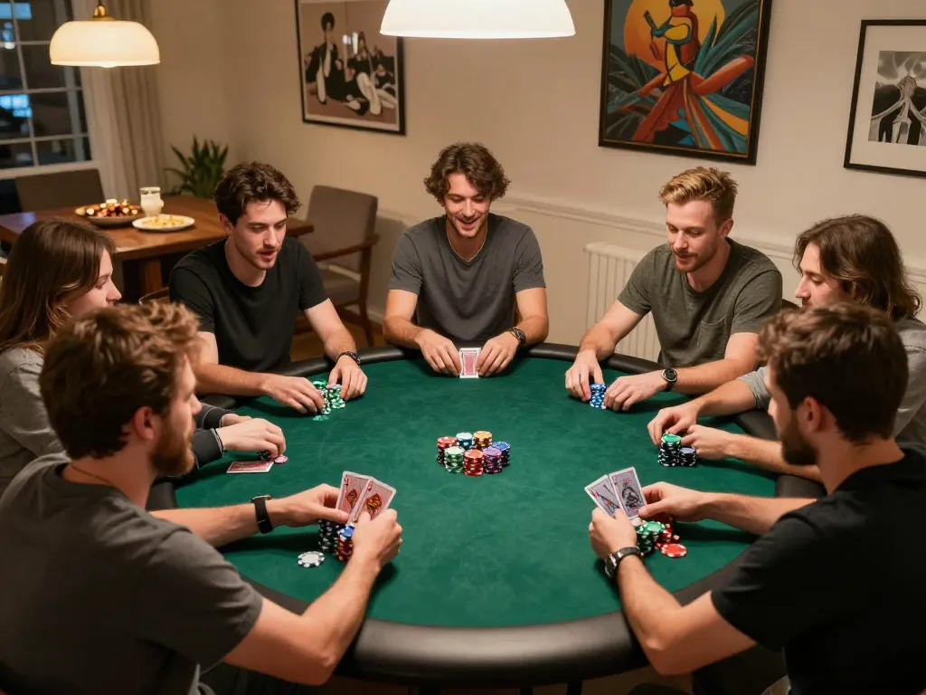 Friends enjoying a thrilling poker night at home, showcasing chips and cards, capturing shopshela gaming excitement.