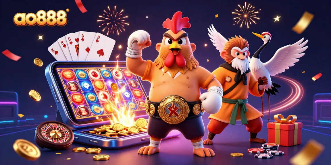 Bet on the exciting ao888 platform featuring a Muay Thai rooster champion and colorful casino elements.
