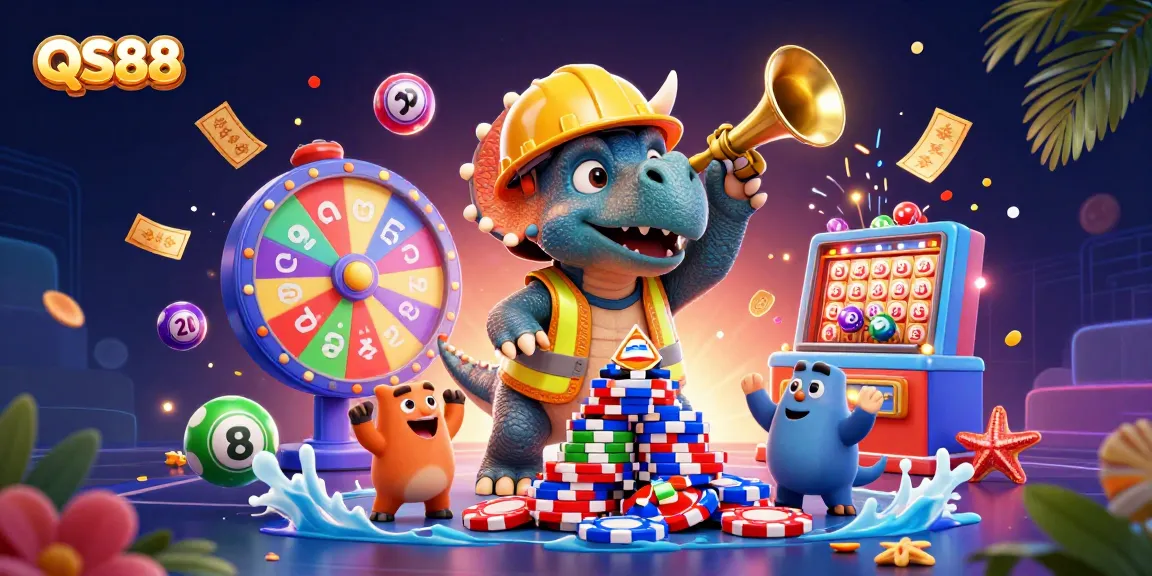 Engage in winning strategies with QS88's dynamic gaming scene, featuring festive characters and exciting lottery elements.