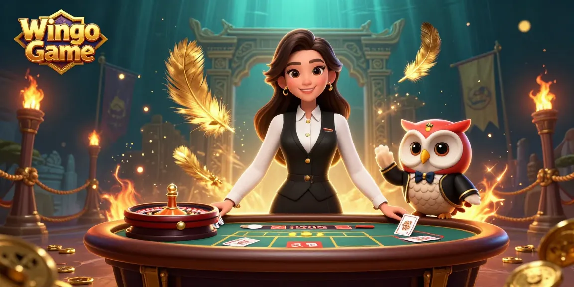 Engage in the thrilling Wingo Game with a charming Asian dealer and owl assistant amidst vibrant casino elements.