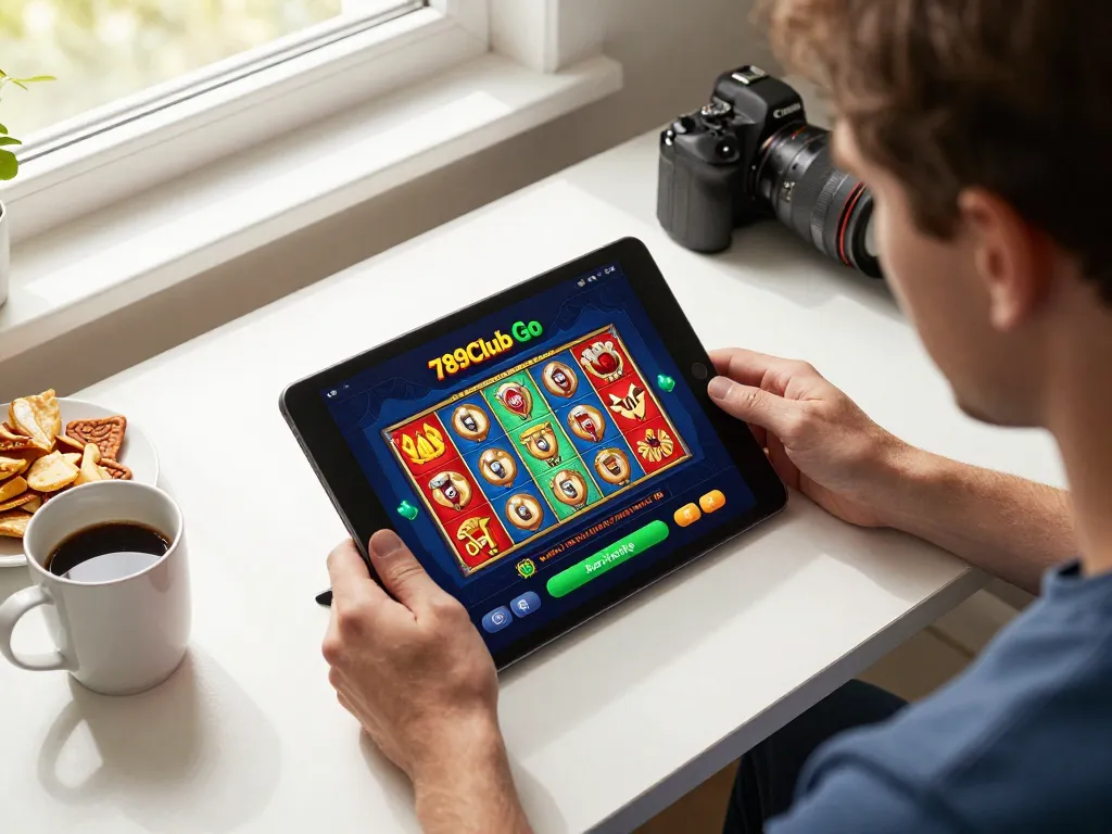 Engaging user playing 789clubgo game on a tablet in a cozy home office setting.