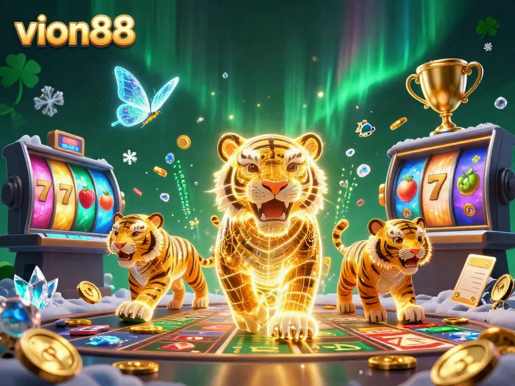 Experience thrilling gaming action at vion88 with vibrant slot reels and dynamic casino elements.