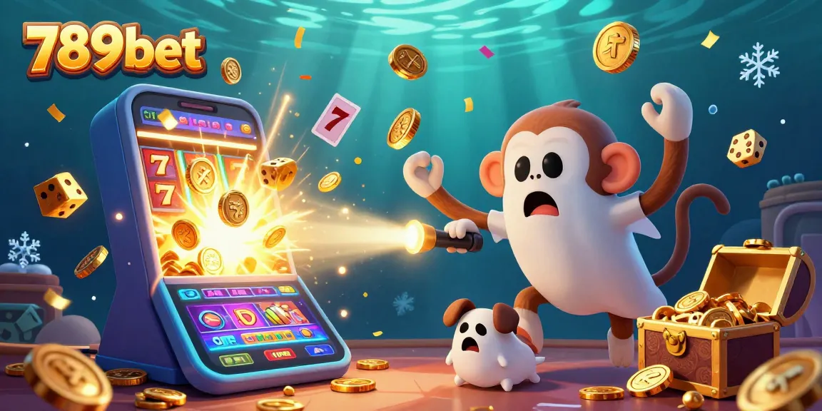 Experience the magic of 789bet as a mischievous monkey juggles casino treasures in a haunted scene.