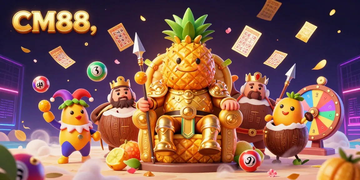 Experience exciting gaming adventures with CM88 in a dynamic 3D casino illustration featuring vibrant lottery elements.