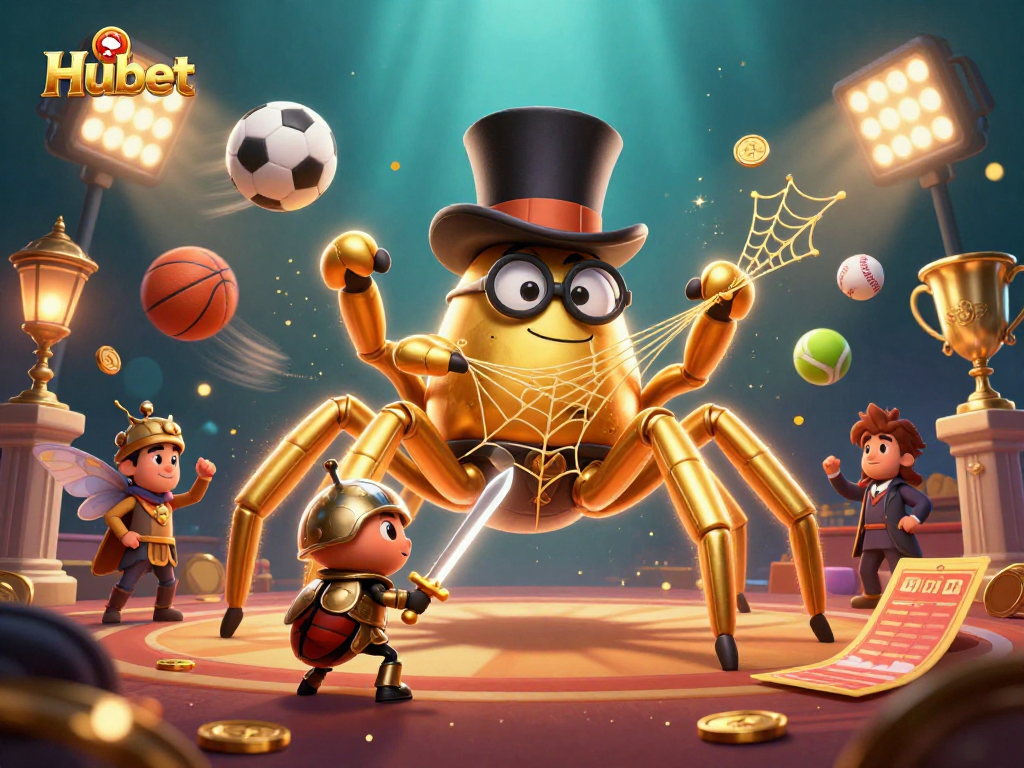 Engage with exciting gameplay at Hubet, where a golden tarantula weaves fortune in a vibrant casino scene.