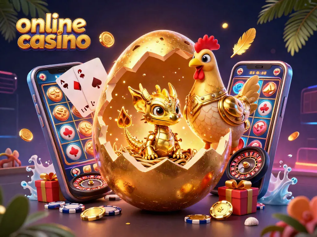Gana en un casino online con el dragón dorado que emerge de un huevo, rodeado de fichas y juegos.