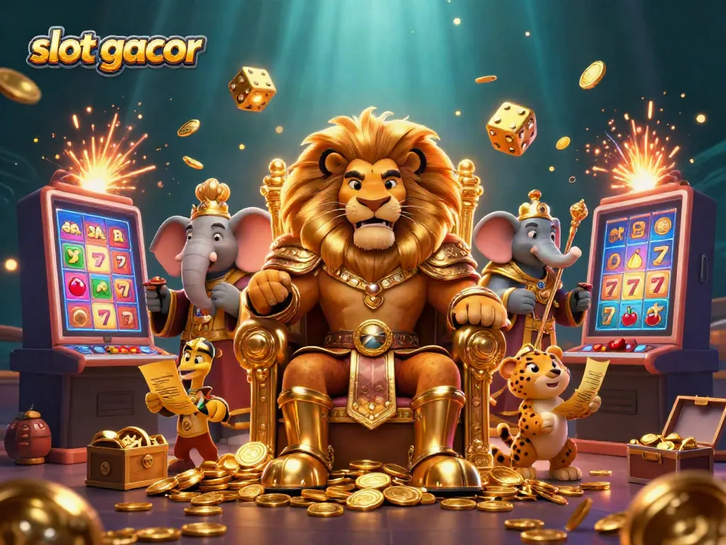 Experience thrilling slot gacor gameplay with a lion king, elephant, and cheetah in a dynamic casino scene.