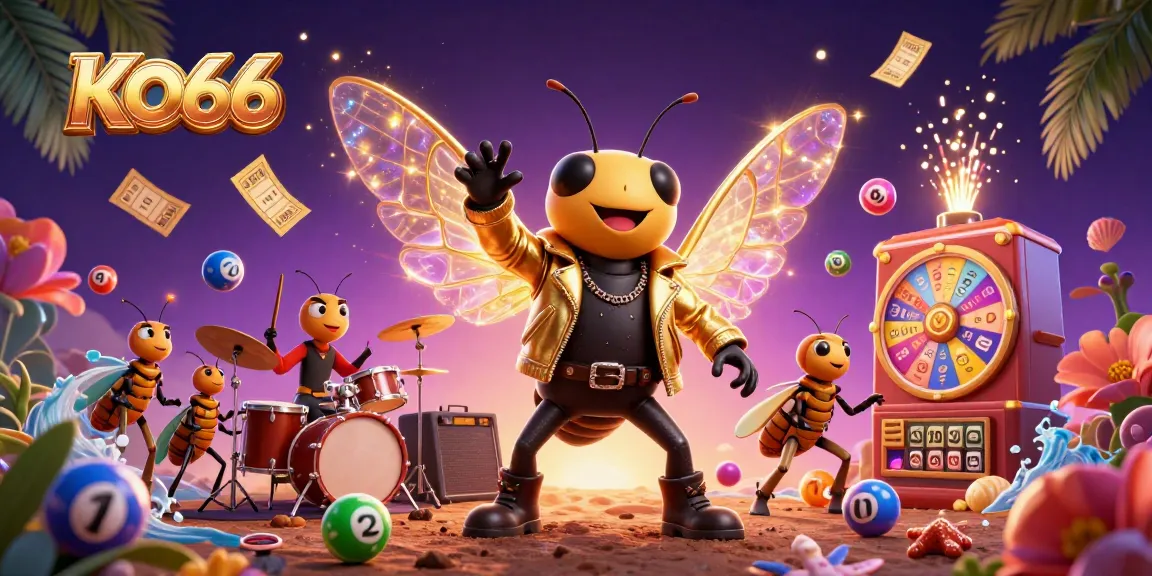 Engage with KO66 in a vibrant lottery-themed illustration featuring a cicada rock star, beetle drummer, and colorful game elements.