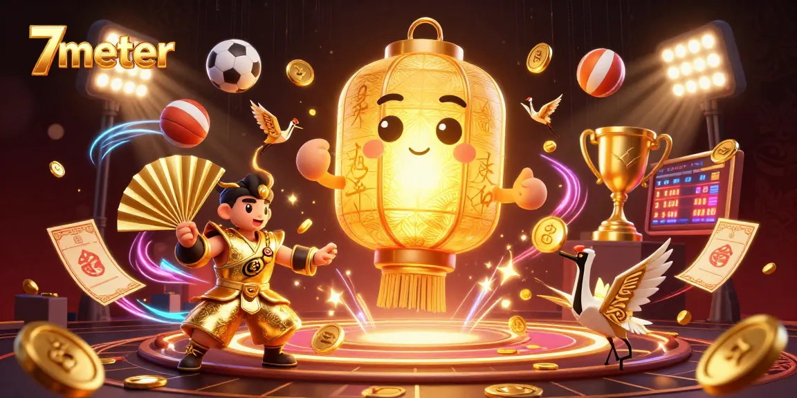Bet on sports with 7meter, featuring dynamic scenes of a golden lantern spirit surrounded by various sports elements.
