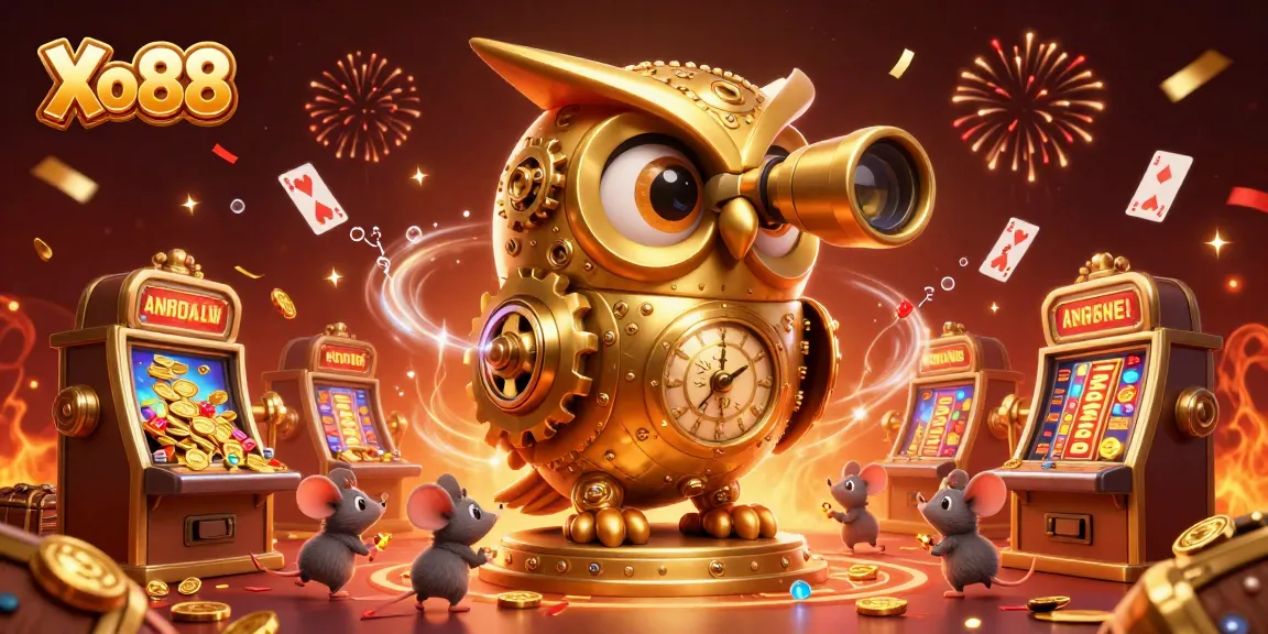 Xo88 showcases a dynamic casino scene with a golden owl and themed slot machines, celebrating winning moments.