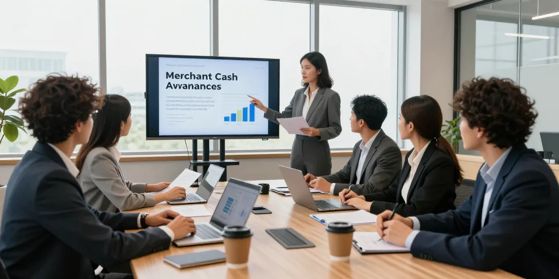Engaged team discussing merchant cash advance companies in a modern office.