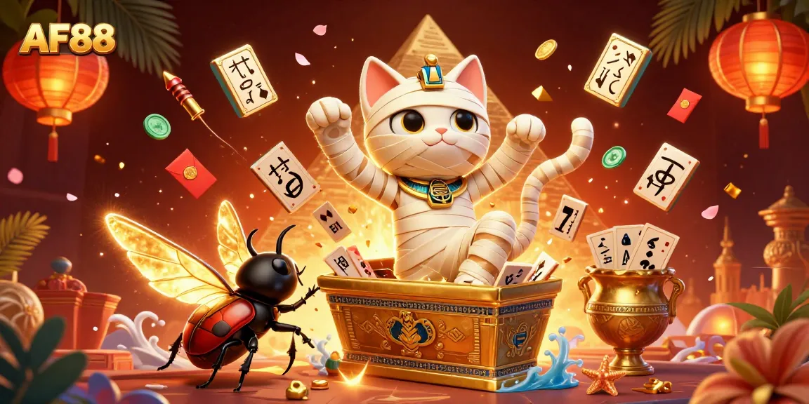 AF88 energizes casino players with a vibrant 3D illustration of an Egyptian mummy cat and glowing scarab beetle.