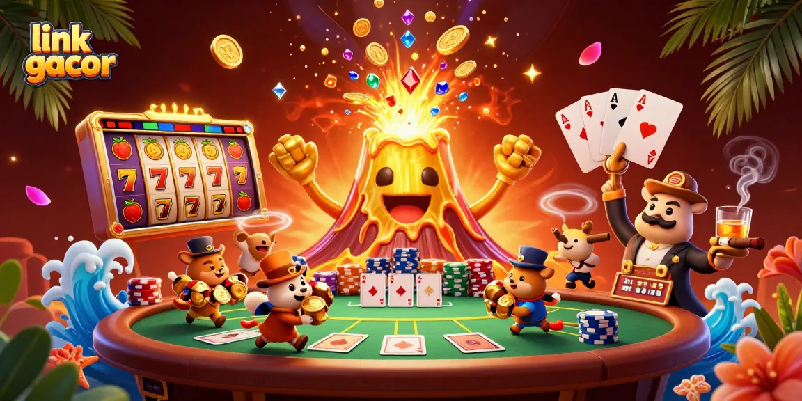 Experience the thrill with link gacor, as gold coins erupt from a victorious volcano in this vibrant casino art.