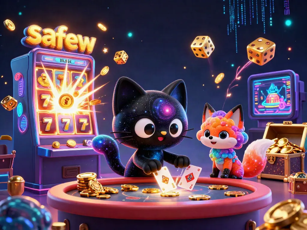 Experience the excitement of safew as a charming cat pulls in golden chips at a cosmic casino table.