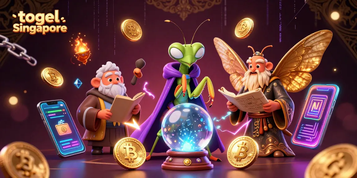 Engage in togel Singapore with this vibrant 3D scene featuring fortune tellers and cryptographic elements.