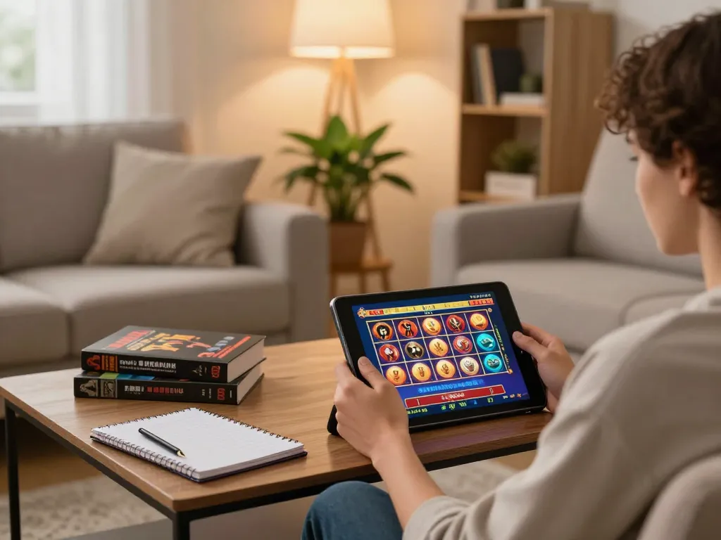 Engaging with 8kbet8 on a tablet during a relaxed home gaming session, highlighting online casino experience.