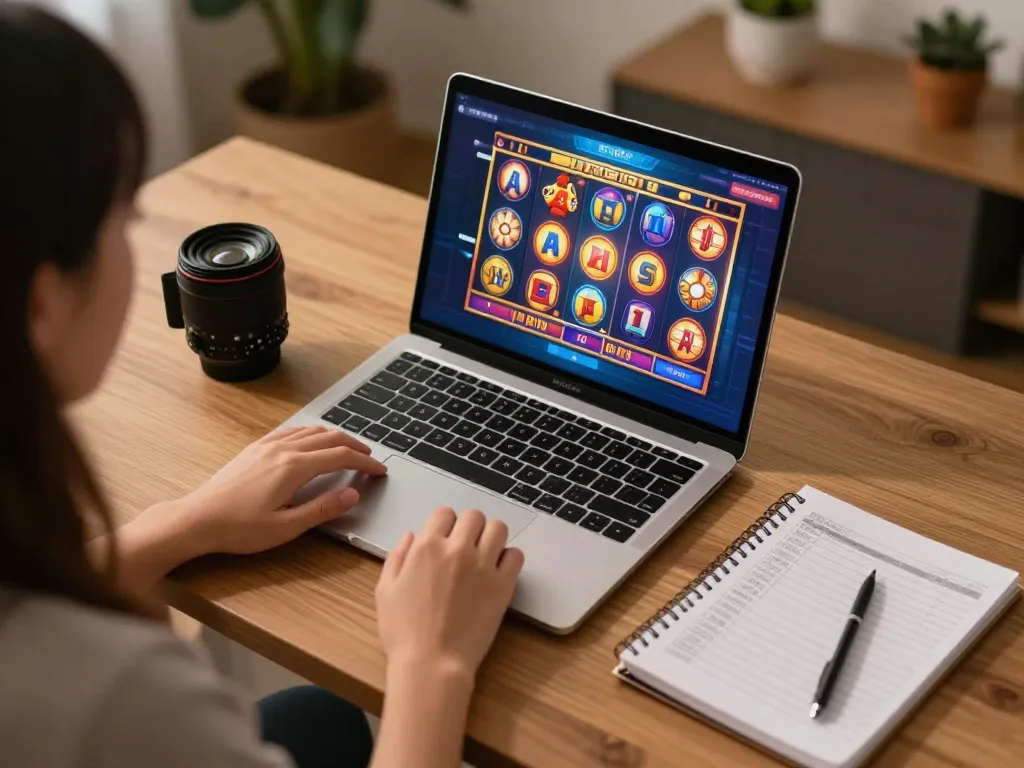 Engaging online gaming experience with cashmyminutes platform, showing vibrant slot game interface and strategic notes.