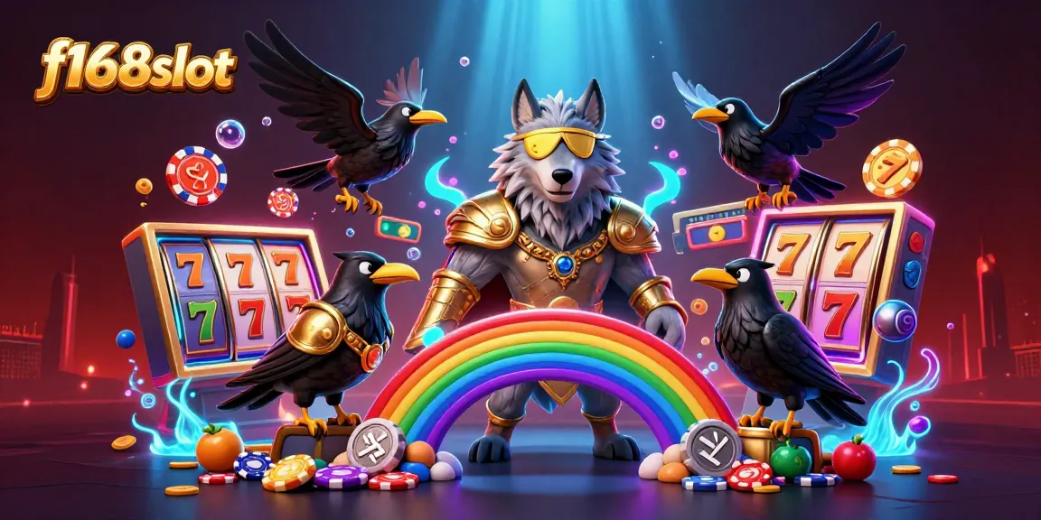Experience thrilling gaming with f168slot in a colorful, casino-themed 3D illustration featuring slot reels and jackpot counters.