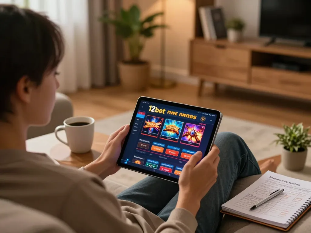 Trò chơi hấp dẫn trên máy tính bảng hiển thị giao diện casino Link 12bet cho việc cược trực tuyến.
