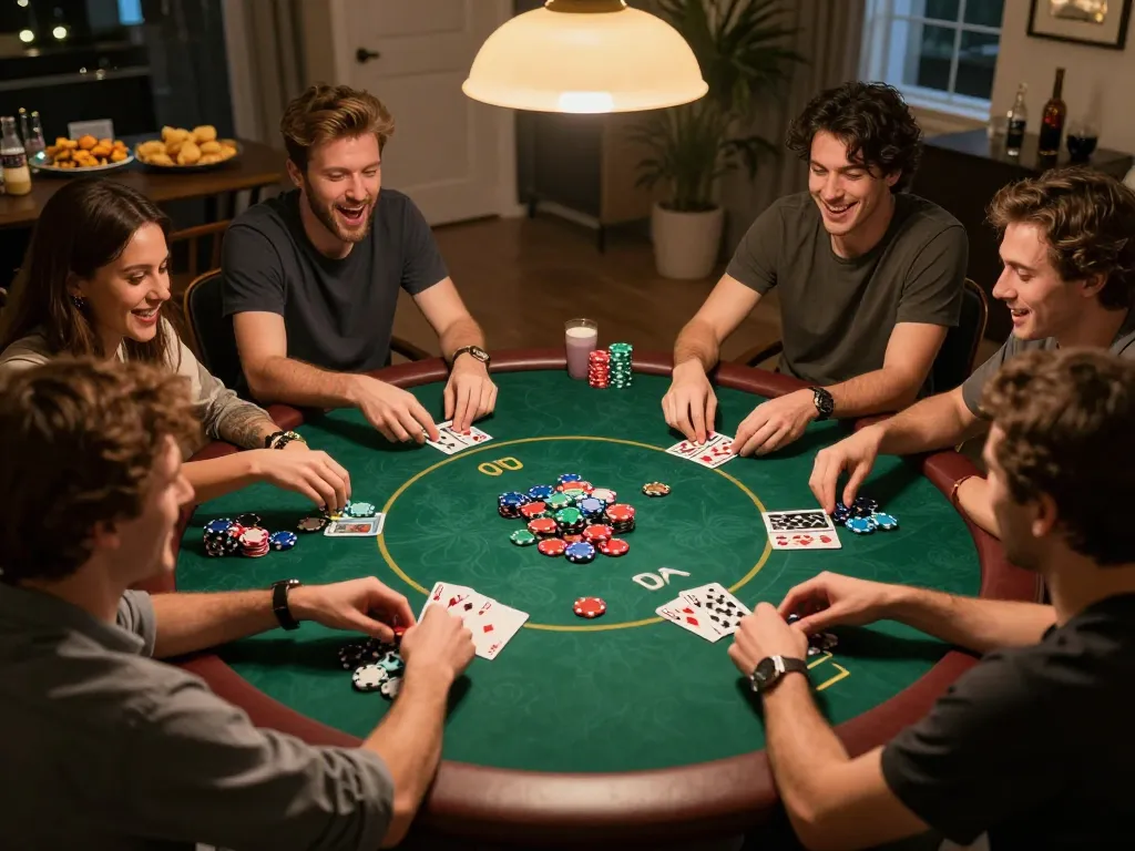 Friends enjoying a lively poker night at home, showcasing strategic gameplay and camaraderie with wittehomesolutions ambiance.