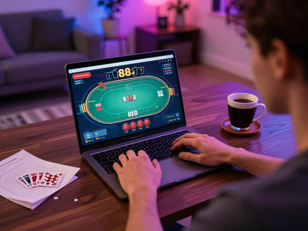 fun88 online gaming setup with a player engaged in poker gameplay on a laptop