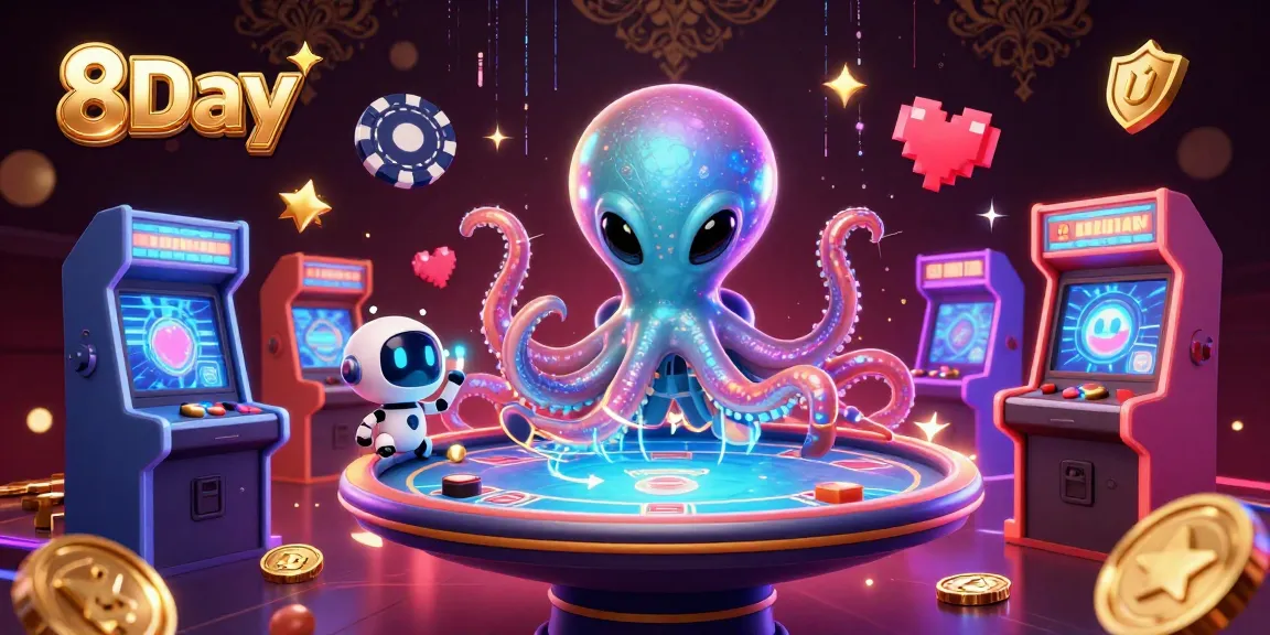 8Day alien octopus plays poker at a futuristic table, surrounded by vibrant casino elements.