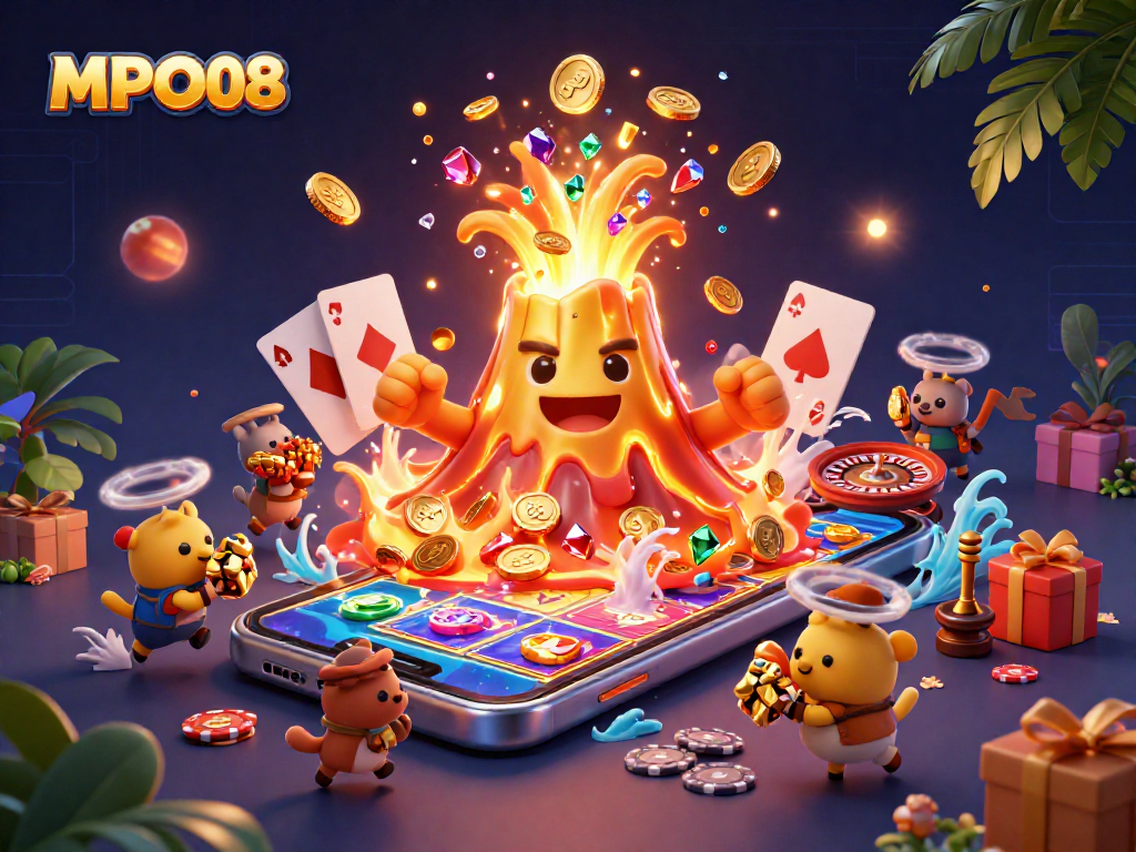 MPO08 engages players with an exciting game scene featuring a golden volcano erupting coins and gaming elements.