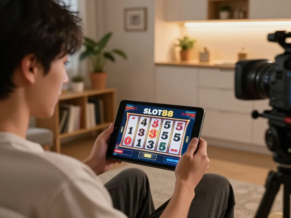 SLOT88 player spins reels on tablet at home, capturing excitement and entertainment.