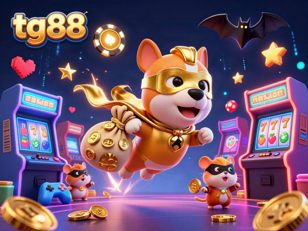 Engage with tg88 as a superhero dog and sidekick celebrate casino wins amid vibrant game elements.