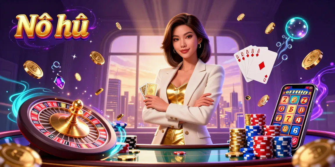 Nổ hũ showcasing an elegant Asian woman in a chic blazer confidently presenting a golden deck of cards in a vibrant casino setting.