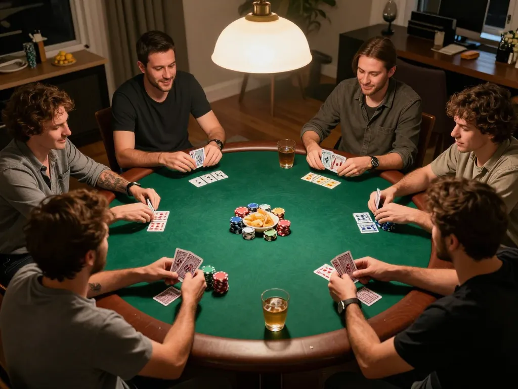 Friends enjoying a poker night with lively strategies at blueskybuds, showcasing a friendly competitive atmosphere.