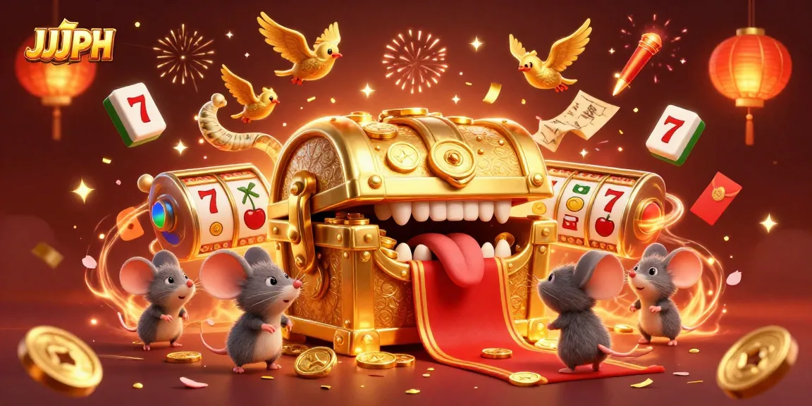 Engage with JJJPH's golden treasure chest, attracting mice in a vibrant 3D casino scene.