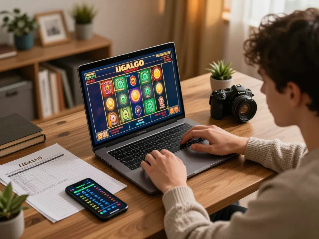 LIGALGO SLOT gaming session; player engaged with laptop amidst strategic notes and smartphone.