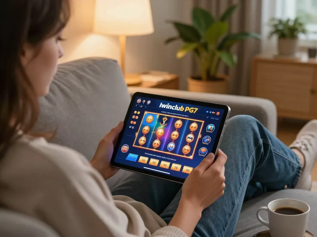 Iwinclub PG7 gaming on a tablet in a cozy home setting, enjoying a vibrant online slot game.