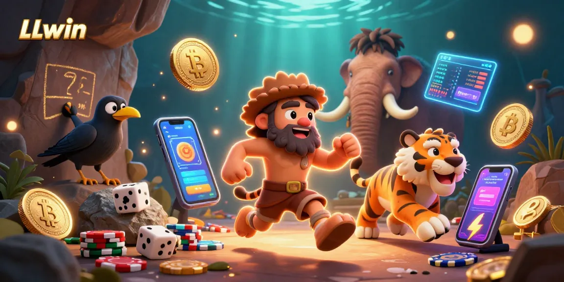 Experience LLwin's vibrant prehistoric casino featuring a caveman and sabertooth duo with crypto elements.