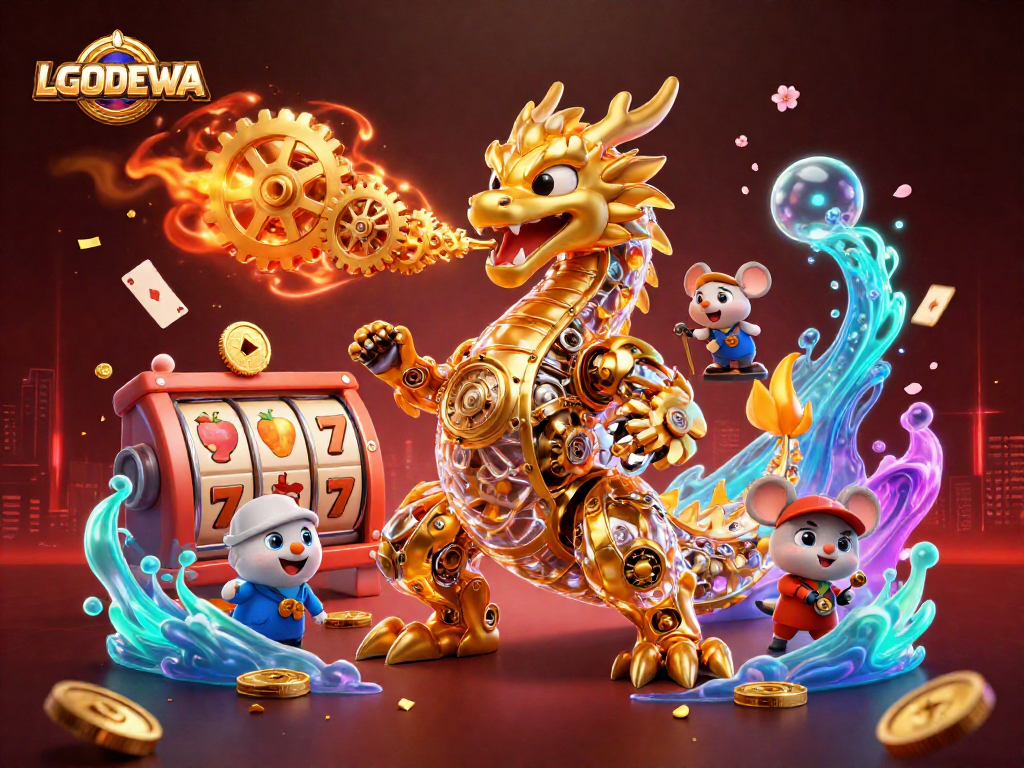 Join the adventure with LGODEWA's dragon, spinning slot reels, and vibrant casino action.