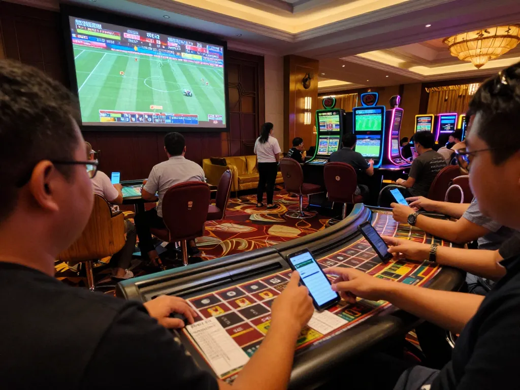 Engaging sports bettors actively placing wagers at xx88 com in a modern casino setting.