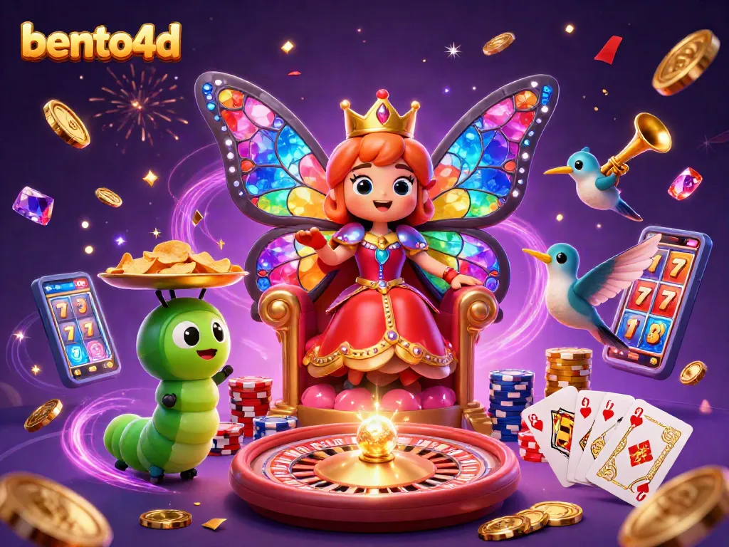 Experience thrilling wins with bento4d's vibrant casino adventure featuring a butterfly queen and lively gaming elements.