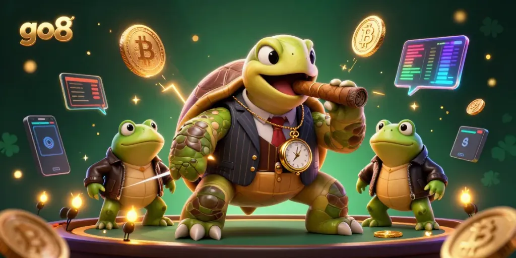 Engage in thrilling gaming at go8 with a dynamic 3D cartoon illustration featuring a colossal snapping turtle in a vintage suit and cryptocurrency icons.