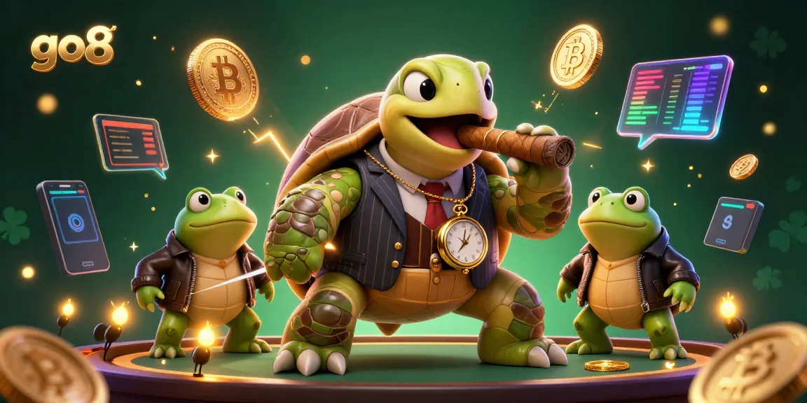 Engage in thrilling gaming at go8 with a dynamic 3D cartoon illustration featuring a colossal snapping turtle in a vintage suit and cryptocurrency icons.