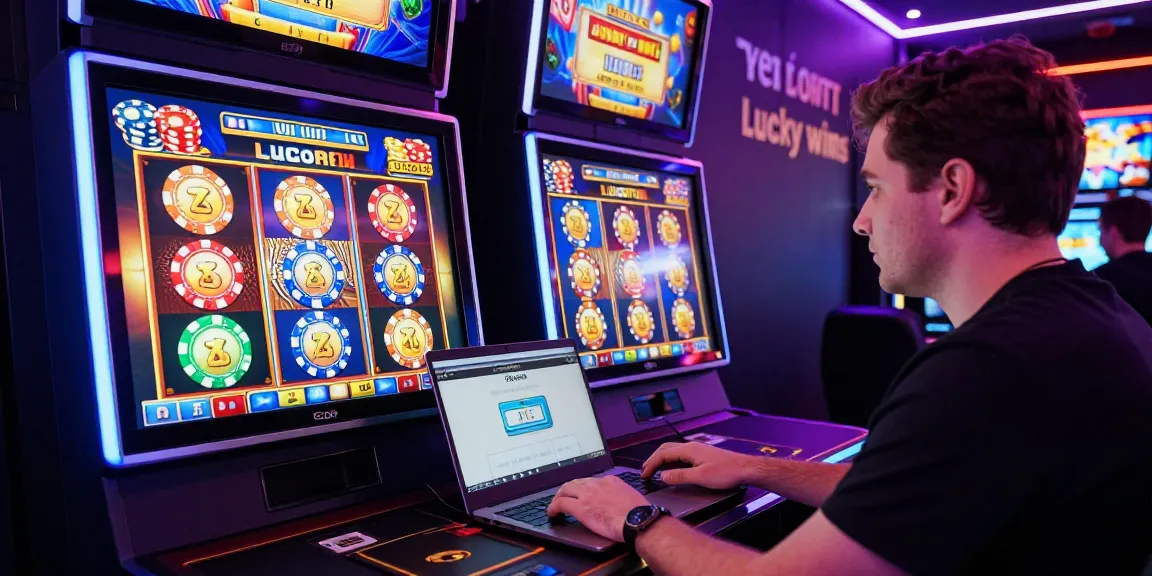 Player enjoying Slot Gacor Hari Ini Kartupoker at a modern gaming desk, neon lights enhancing excitement.