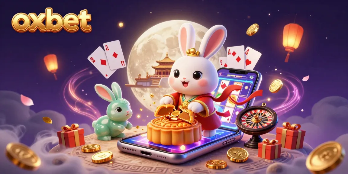 Experience the excitement of oxbet with a vibrant moon-themed casino illustration featuring lucky charms, games, and festive elements.