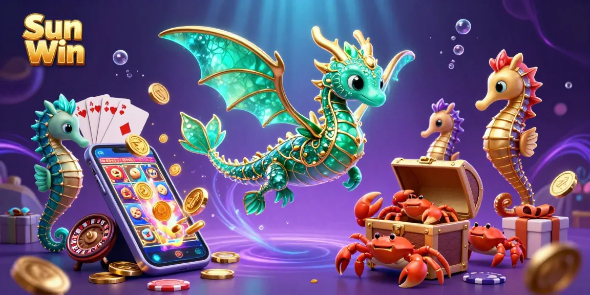 Experience the excitement of Sun Win with a vibrant 3D casino scene filled with treasures and gaming action.