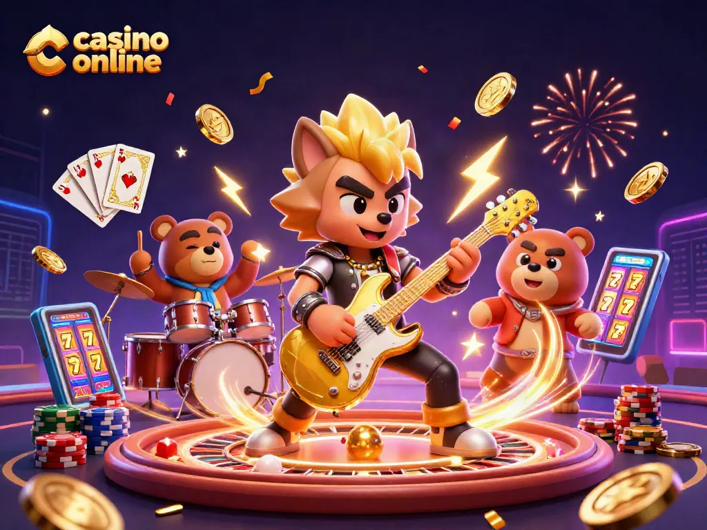 Juego emocionante en un casino online con personajes vibrantes y acción llena de luces y premios.
