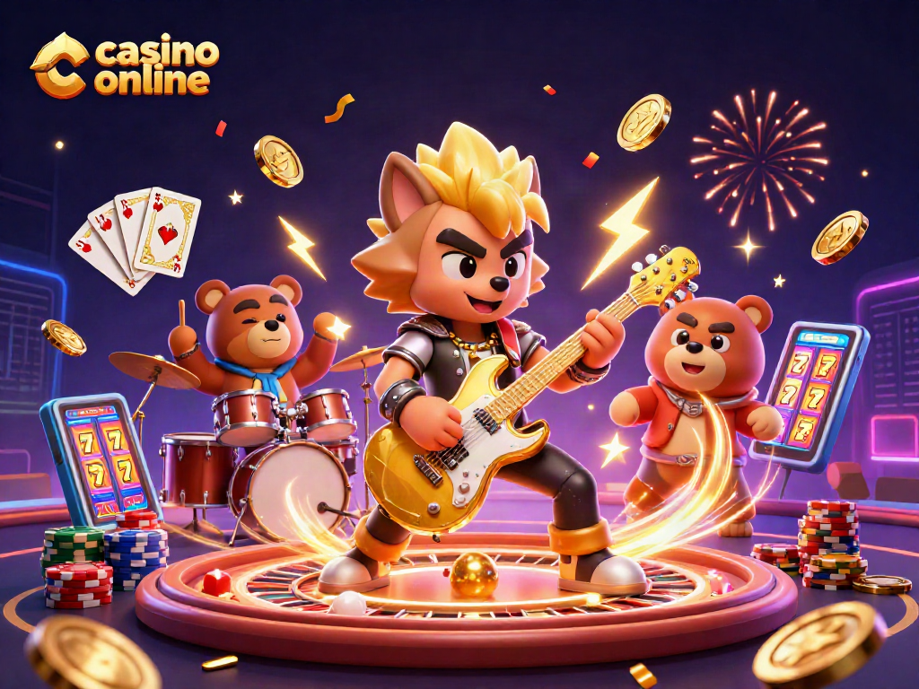 Juego emocionante en un casino online con personajes vibrantes y acción llena de luces y premios.